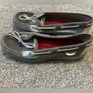 Sperry Top Sider women's 9M leather slip on boat shoe tan/ silver 9287871